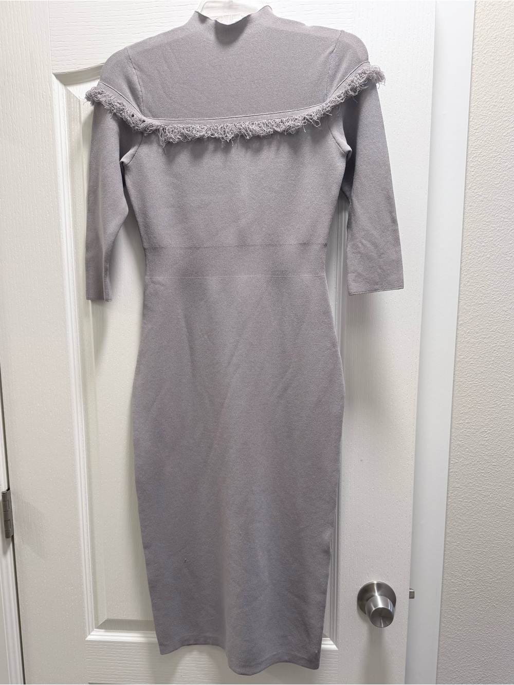 eva mendes for New York & Company Gray Midi Bodycon Dress with Fringe Yoke